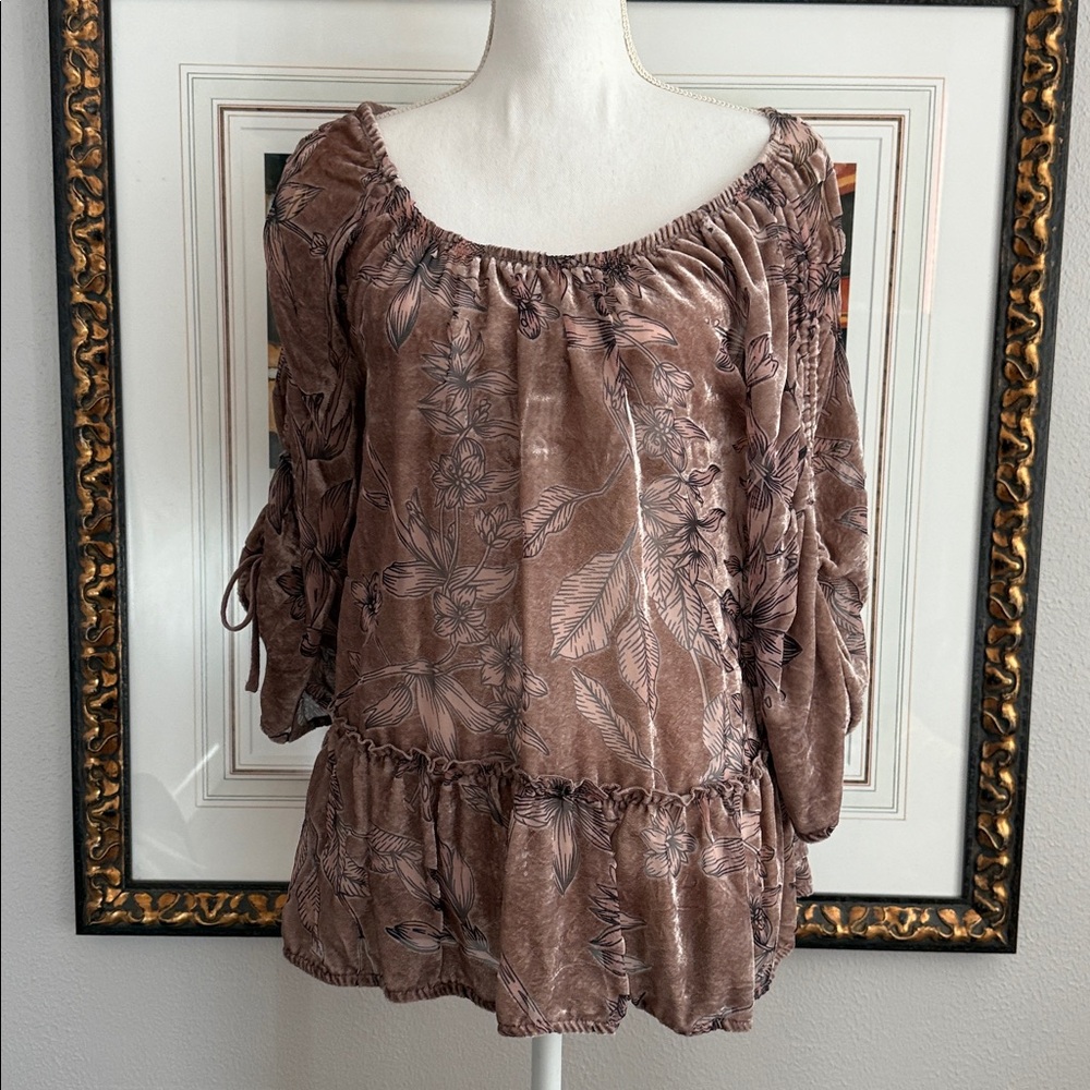 Democracy Brown /Taupe Floral Blouse - burnout fabric.